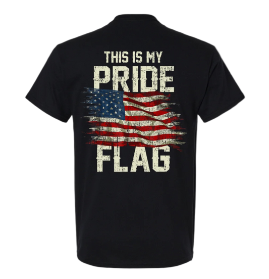 Black t-shirt with American flag and text 'This is my Pride Flag' on a white background