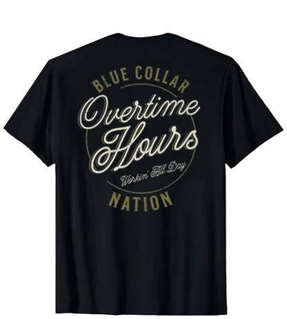 Black t-shirt with 'Blue Collar Overtime Hours Nation' text on a white background