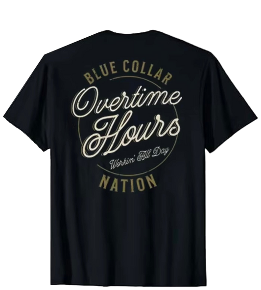 Black t-shirt with 'Blue Collar Overtime Hours Nation' text on a white background