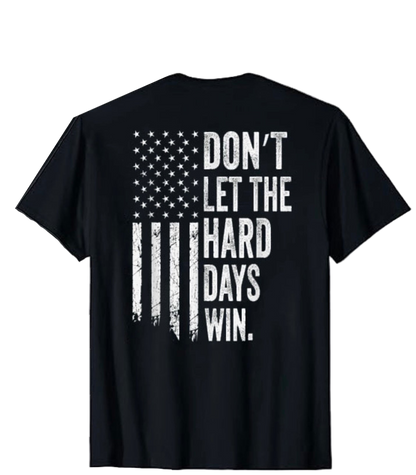 Black t-shirt with American flag and motivational text on a white background