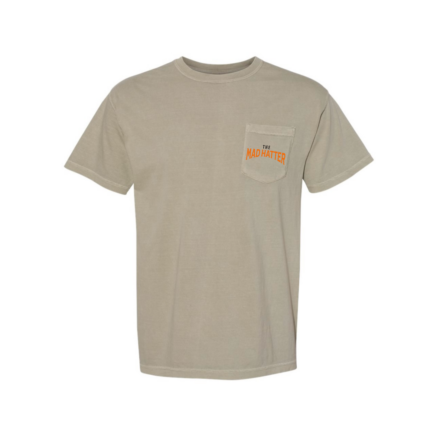 Beige t-shirt with text "The Mad Hatter" on the pocket