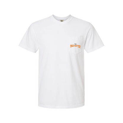 White "My Girlfriend Will Kill You" T-Shirt with bold red text emblem on pocket, perfect for lovers of sarcastic humor and bold statements.