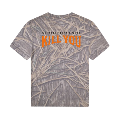 my girlfriend will kill you t-shirt with camo design, featuring bold sarcastic humor text